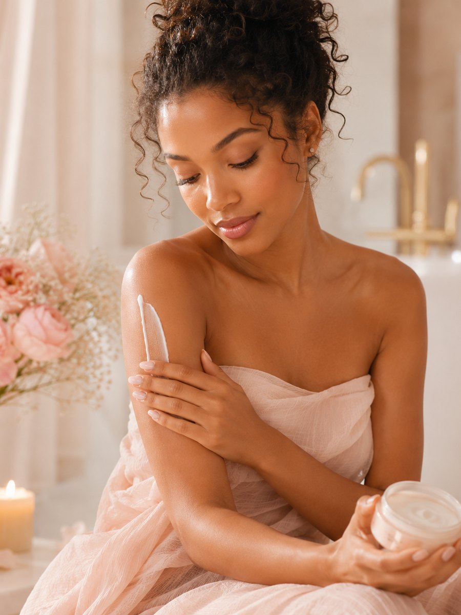 Woman smoothing rich body lotion onto her arm in a bright bathroom