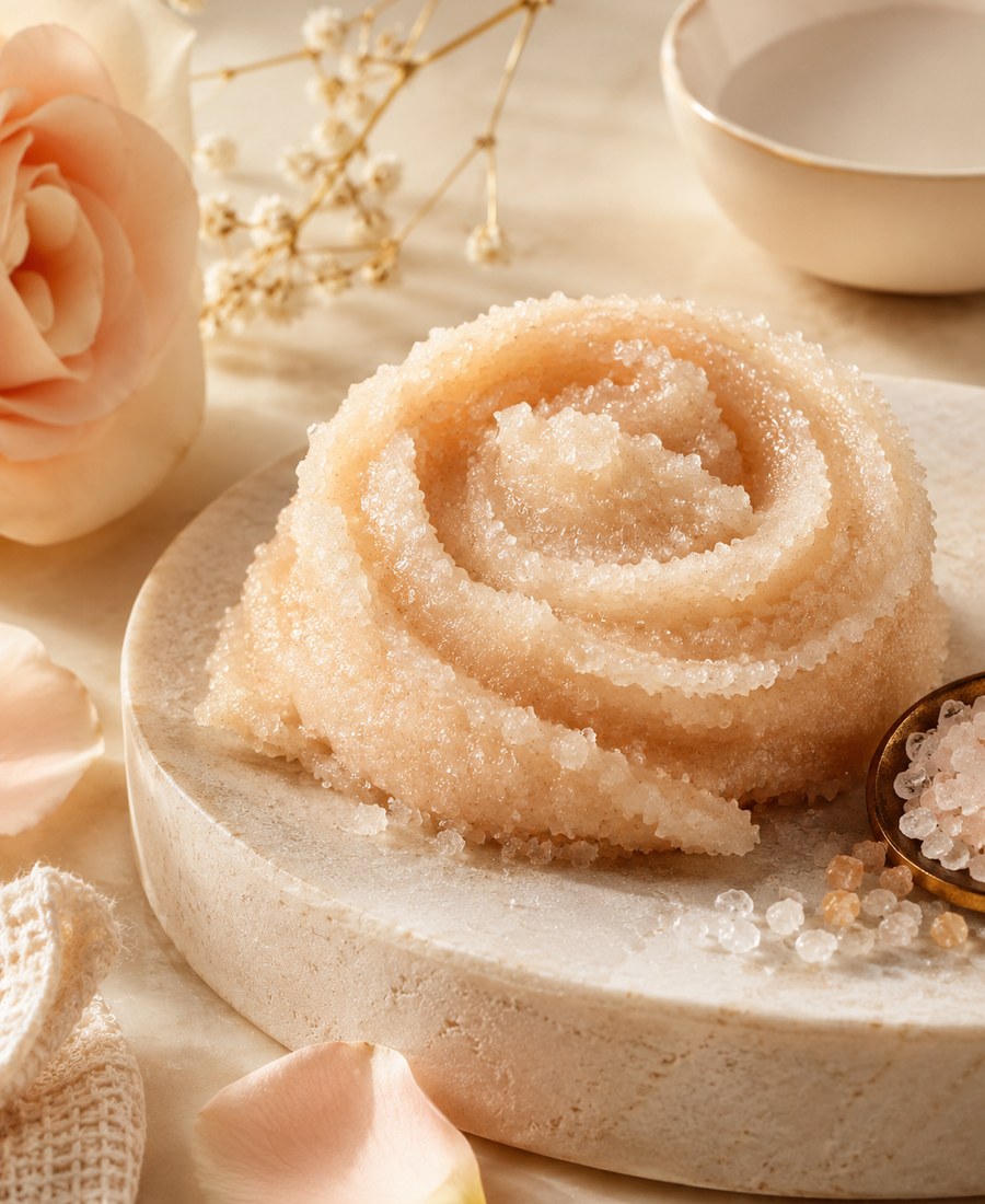 Sugar body scrub texture swirled on a pale stone surface
