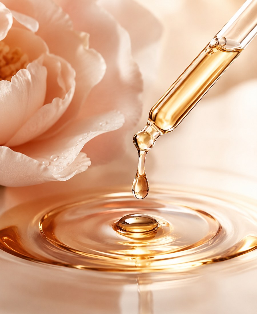 Golden facial oil dropping into a pool of oil