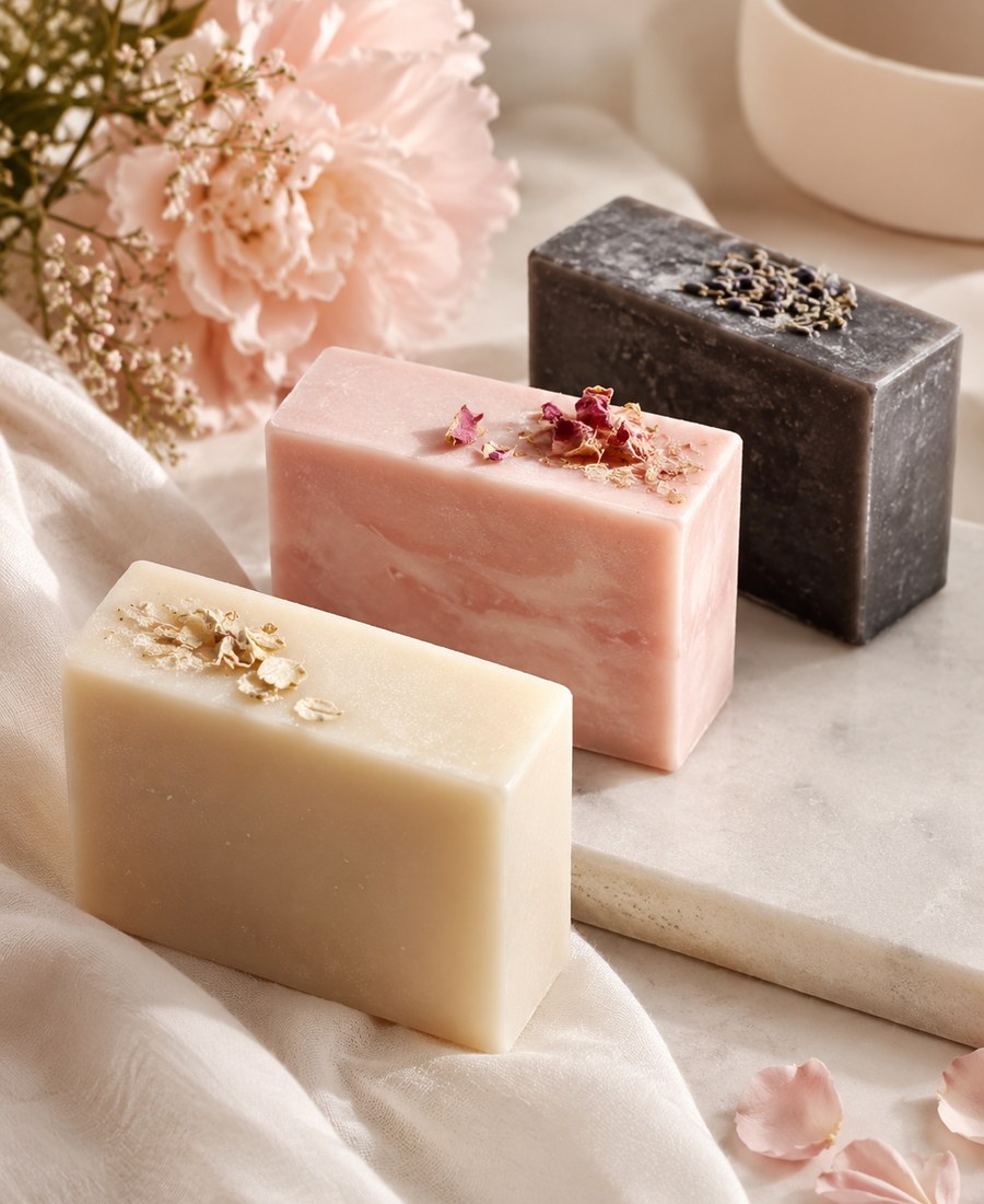 Three soap bars resting on pale linen