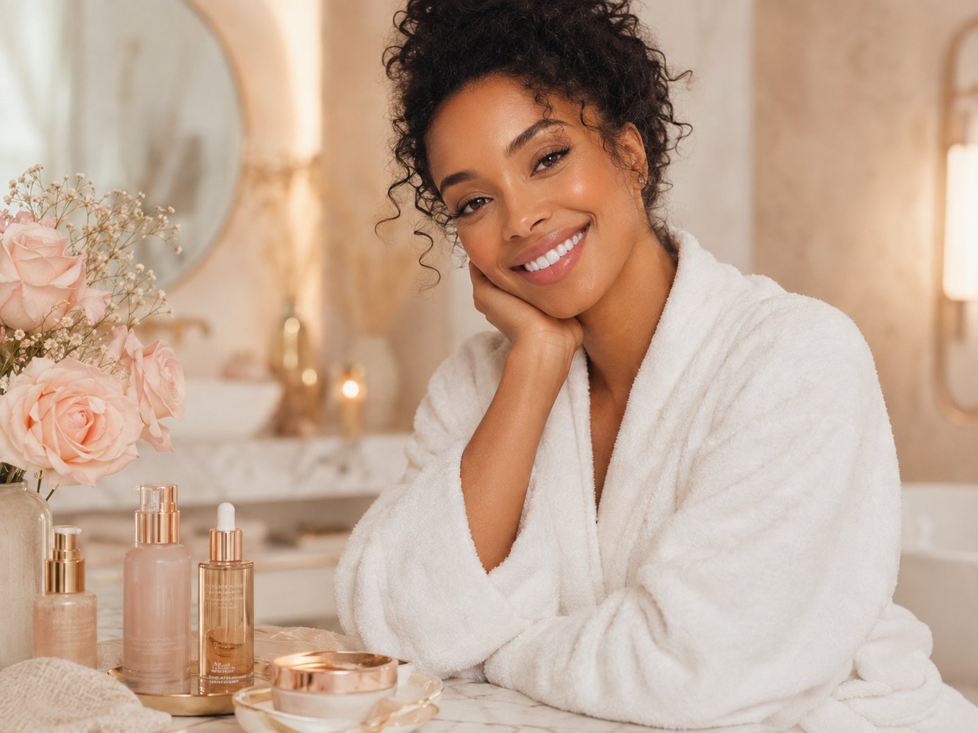 Woman in a soft white robe resting at her marble vanity beside her Nali skincare