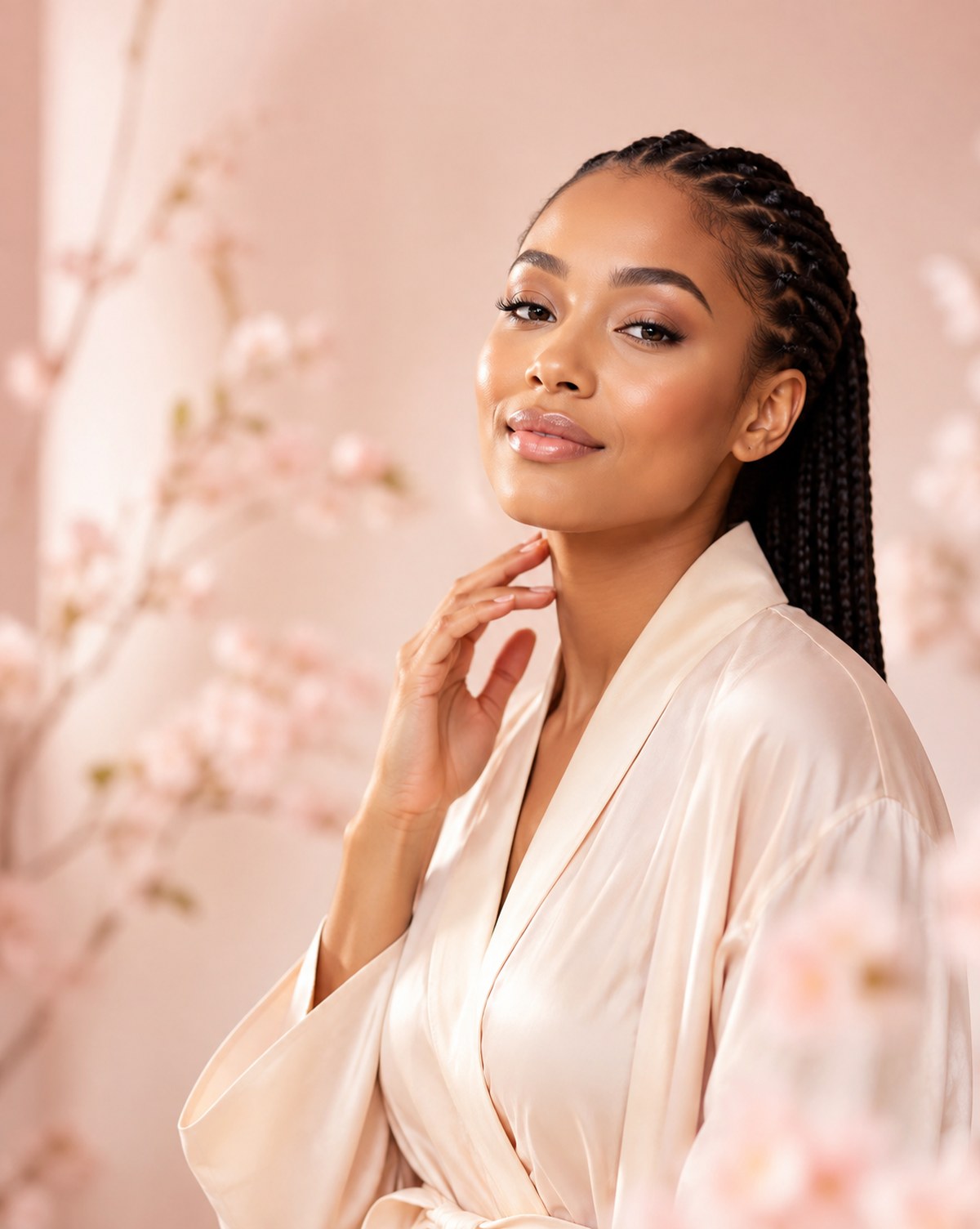 Woman in a satin robe with braided hair and radiant skin